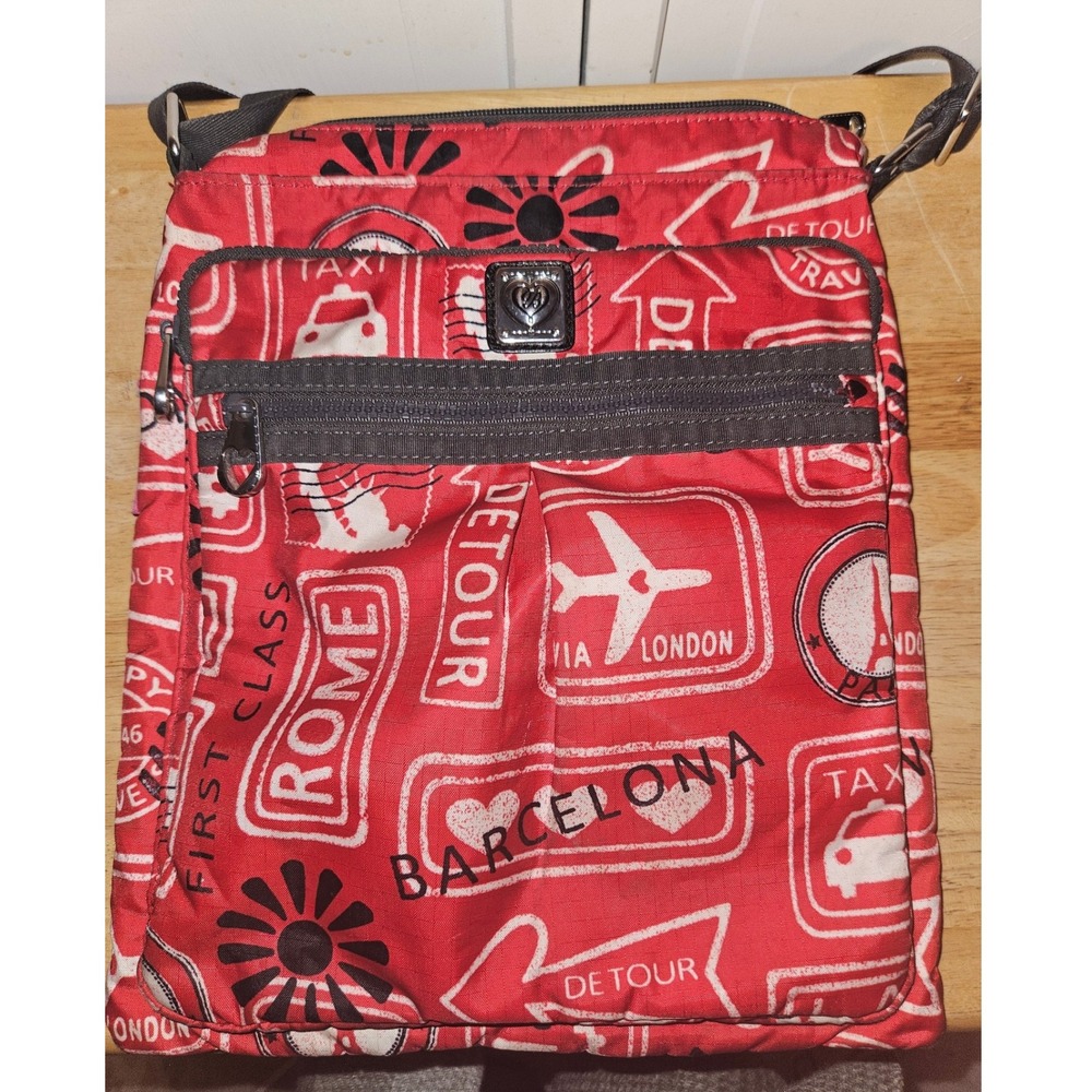 Brighton Red Nylon Travel Passport Stamp Print Crossbody Bag Polka Dot Lining